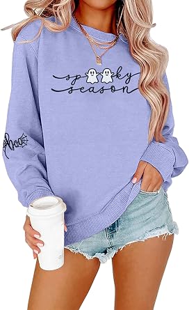 SFHFY Embroidered Halloween Sweatshirts for Women Spooky Season Pullover