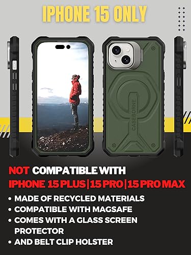 Miniatura 9 de CaseBorne Funda protectora compatible con iPhone 15, compatible con MagSafe, delgada pero resistente, con protector de pantalla de vidrio templado,