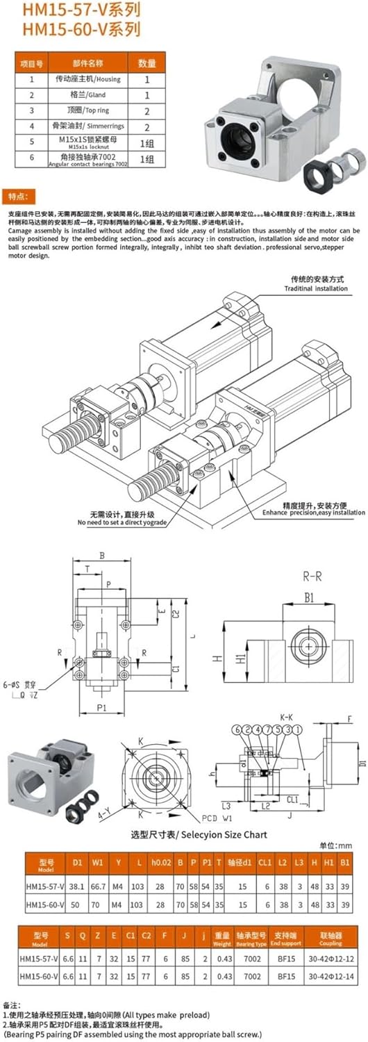 Technical diagram for HEXEH HM15-57 and HM15-60 series motor mounts, showing dimensions and assembly