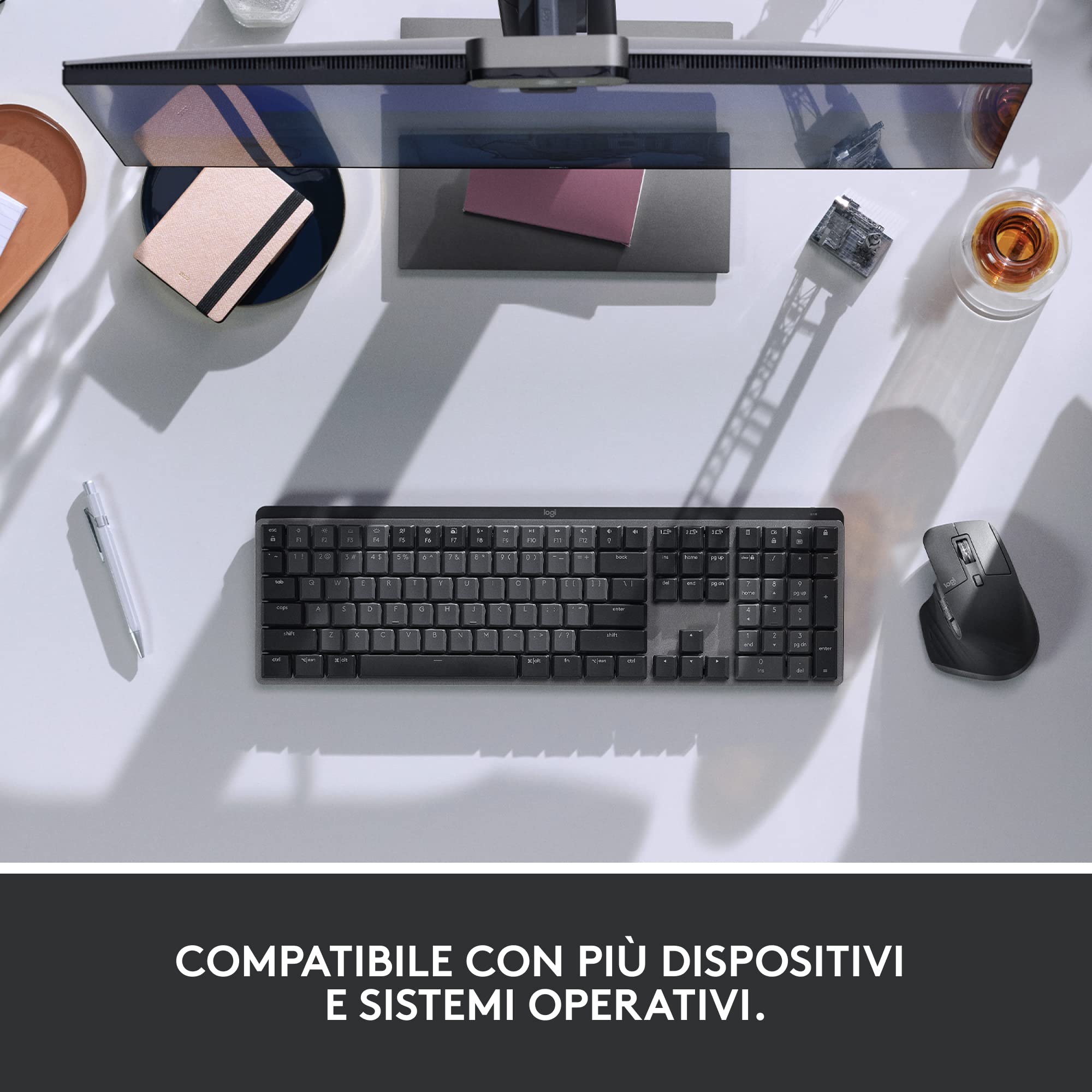 Logitech Kit MX Mechanical - tastiera wireless standard illuminata, Tactile Quiet e mouse wireless Bluetooth MX Master 3S Performance, macOS, Windows, Linux, iOS, Android, US Internazionale - Grigio
