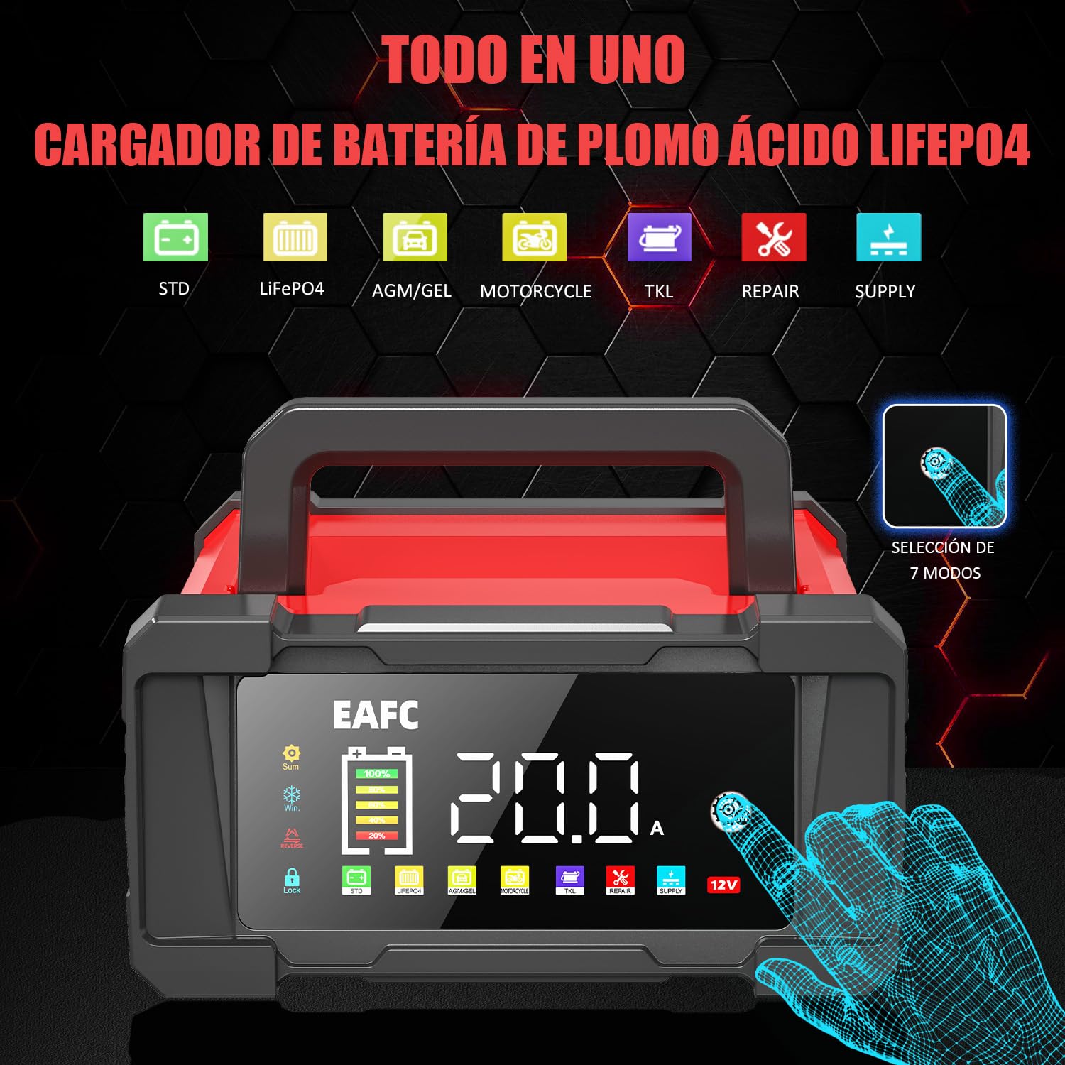 20A Portátil Cargador Baterias Coche, 12V/24V Cargador de Batería de Coche, Carga En 9 Etapas, Modo De Reparación, Cargador Bateria Coche para STD, AGM, EFB, Gel, SLA, LiFePO4, Moto