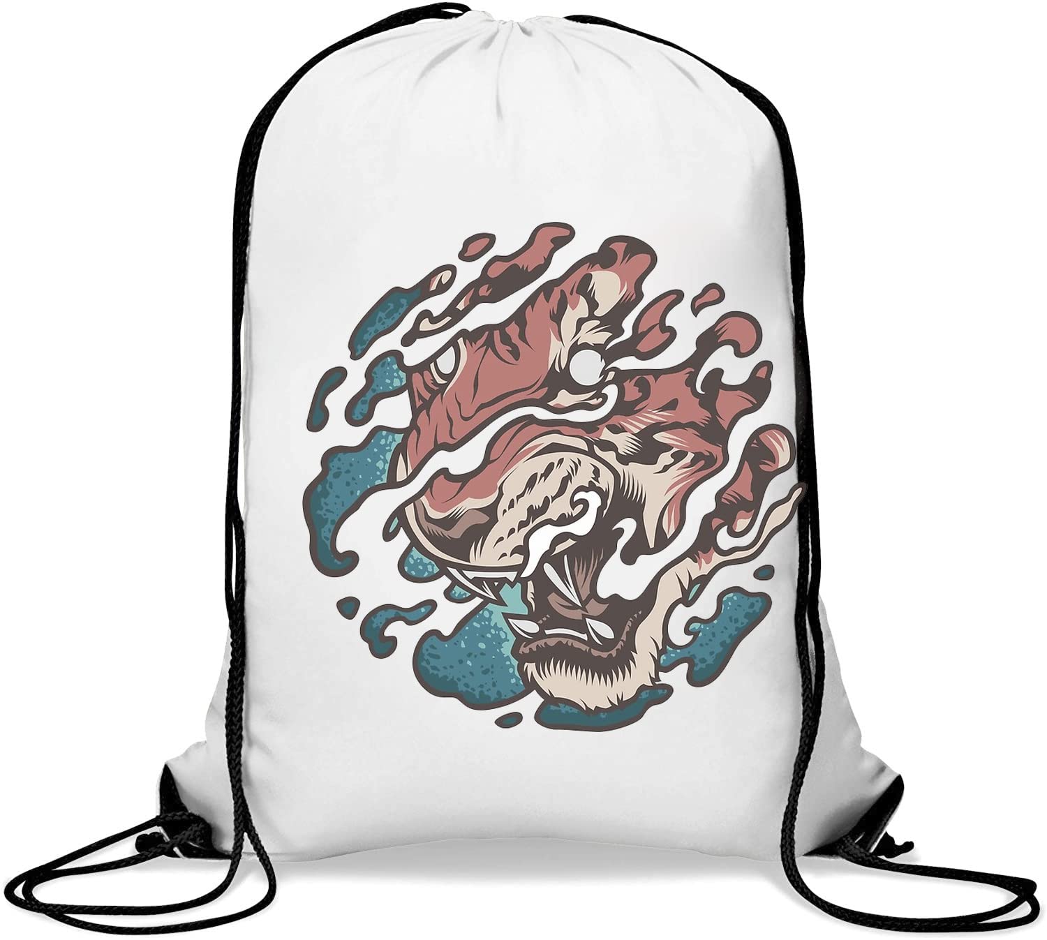 Tattoo Styled Tiger Breath Art Gym Sack Casual Drawstring Bag White One Size