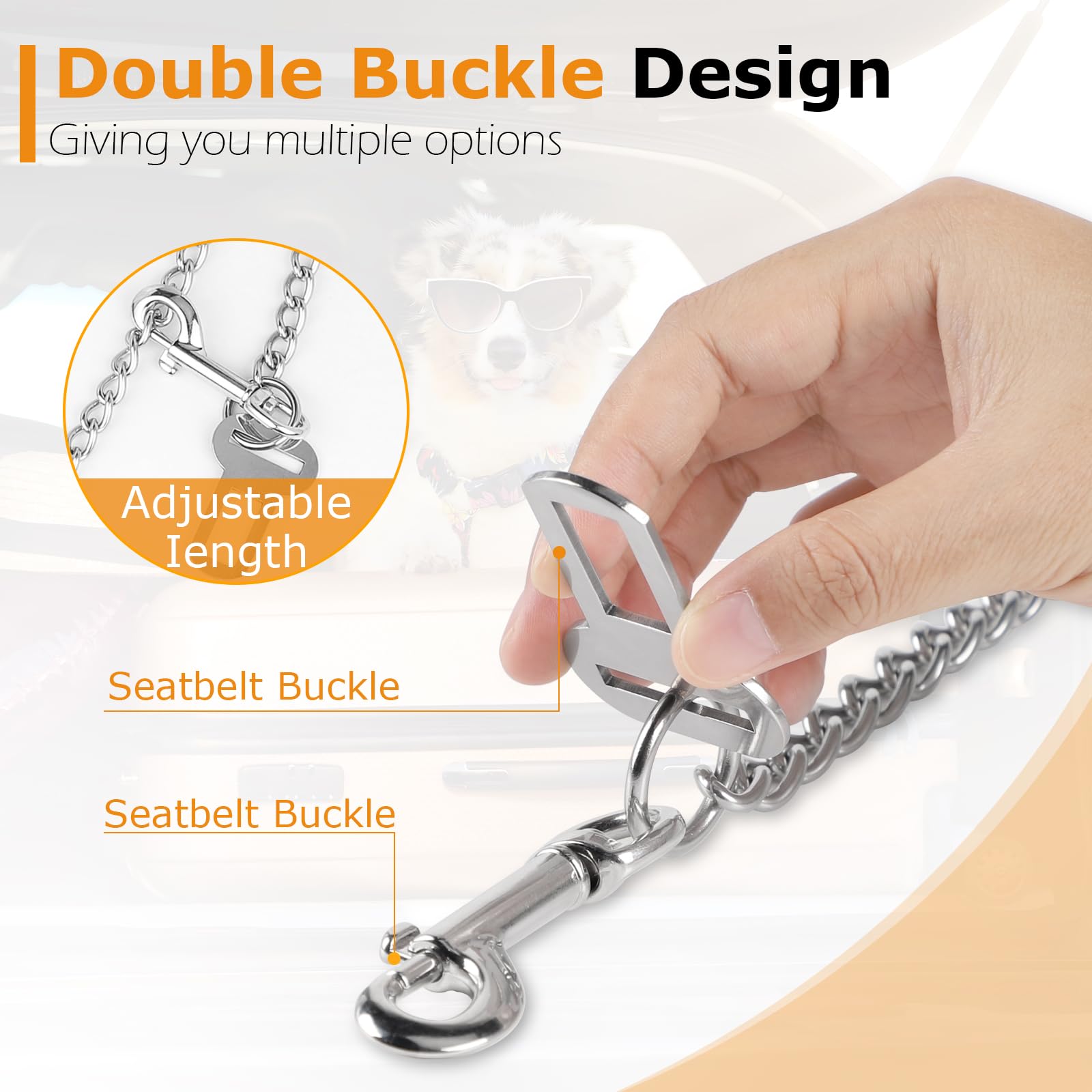 EFUTURETIME Ceinture Securite Chien Voiture Chaine Longue 125cm, Attache Chien Ceinture Anti-Morsure en Acier Inoxydable 3 en 1 pour Coffre, Boucle de Ceinture de Sécurité et ISOFIX