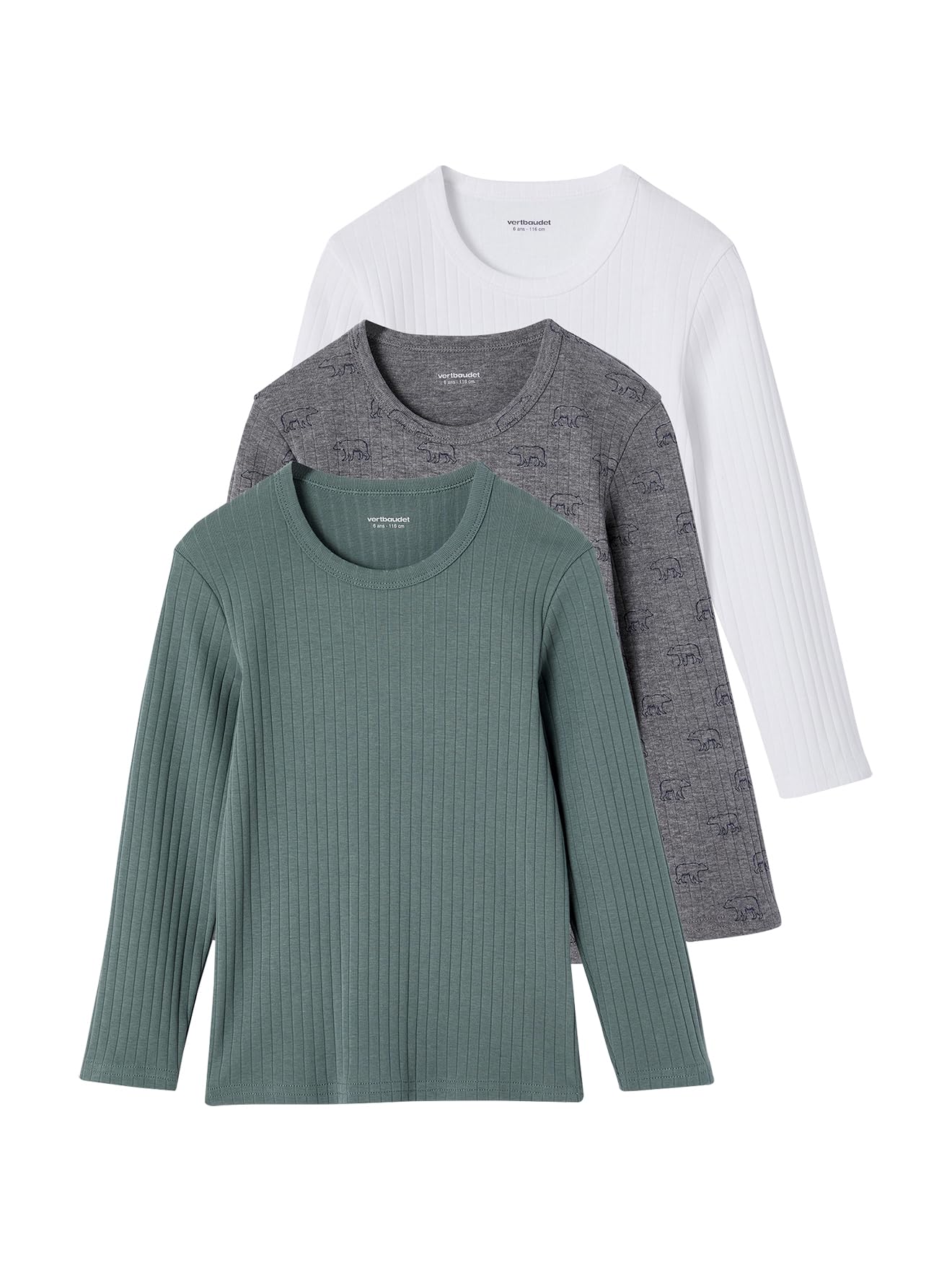 VERTBAUDET Lot de 3 Tee Shirt à Côtes Manches Longues Garçon