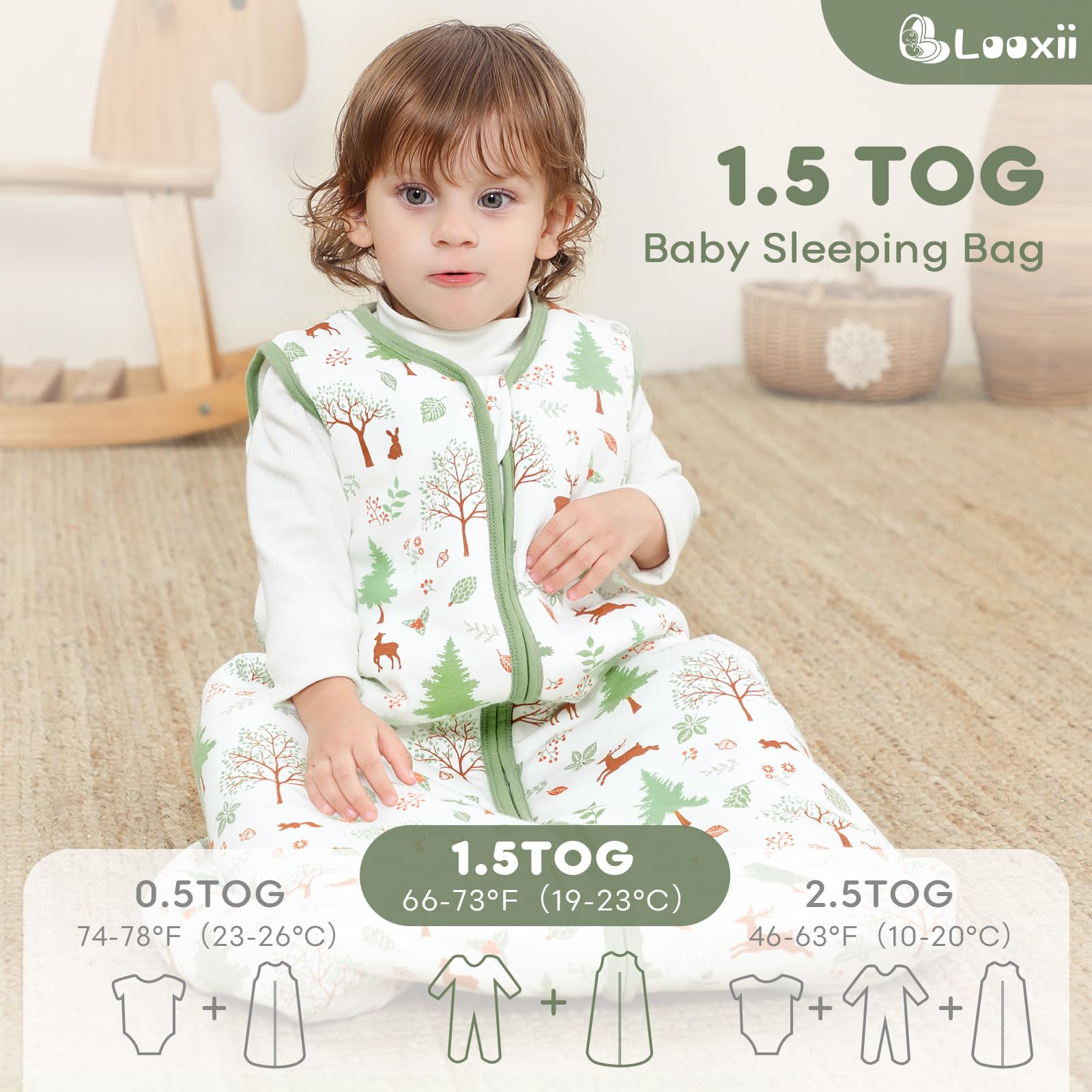 Looxii Baby Sleeping Bag 1.5 Tog Winter Baby Sleep Sack 0-6 Months 100% Cotton Soft Warm Wearable Blanket for Newborn Infant Toddler Boys and Girls Green Forest - Image 2