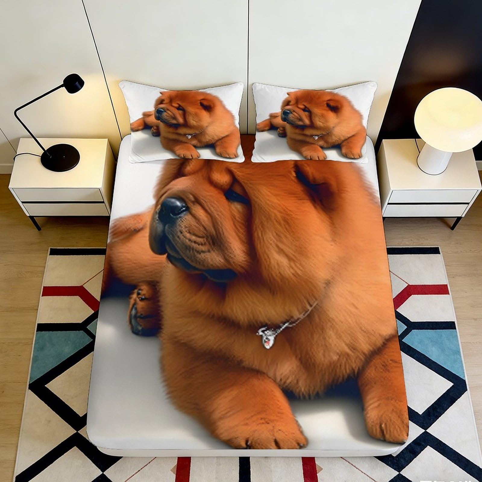 3D Printed Chow Chow Dog Fitted Sheet Microfiber Anti-Slip Bed Cover for Bedroom Decor Mattress Protection Washable 120x200x25cm