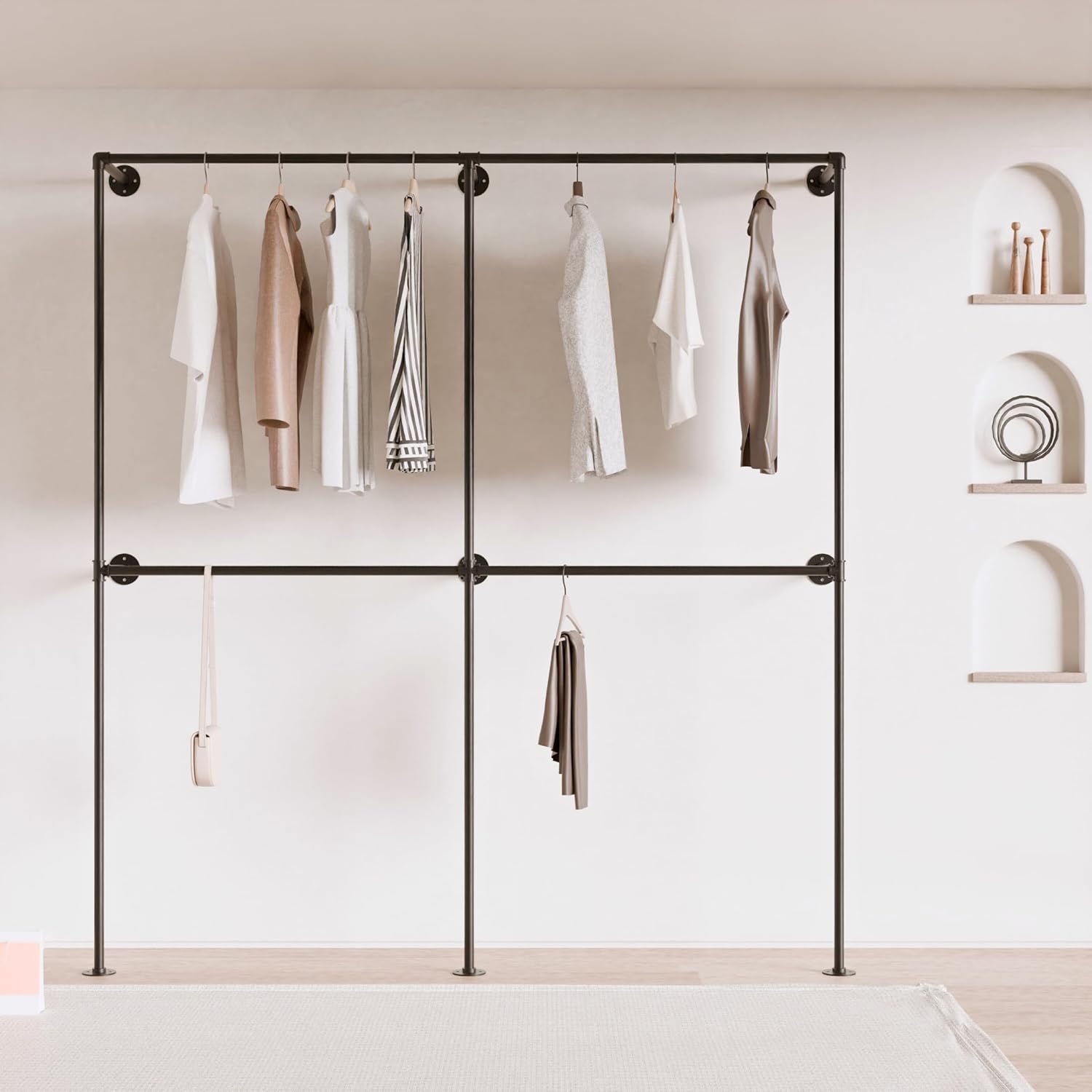 Industrial Pipe Clothing Rack, Heavy Duty Wall Mounted Clothes Rack, Retail Display Hanging Garment Rod for Laundry Rooms, Closet Storage, 14.6x75x82.7 Inches, Model K03