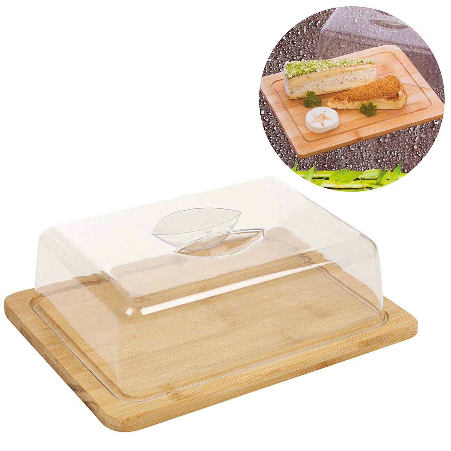 Boîte de rangement pour fromage avec couvercle en acrylique, planche à découper, plateau de cuisine – Dimensions : 24 x 21 x 8 cm
