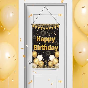 Black Gold Birthday Door Banner and Hanger Decor - Porch Sign for Boys and Men