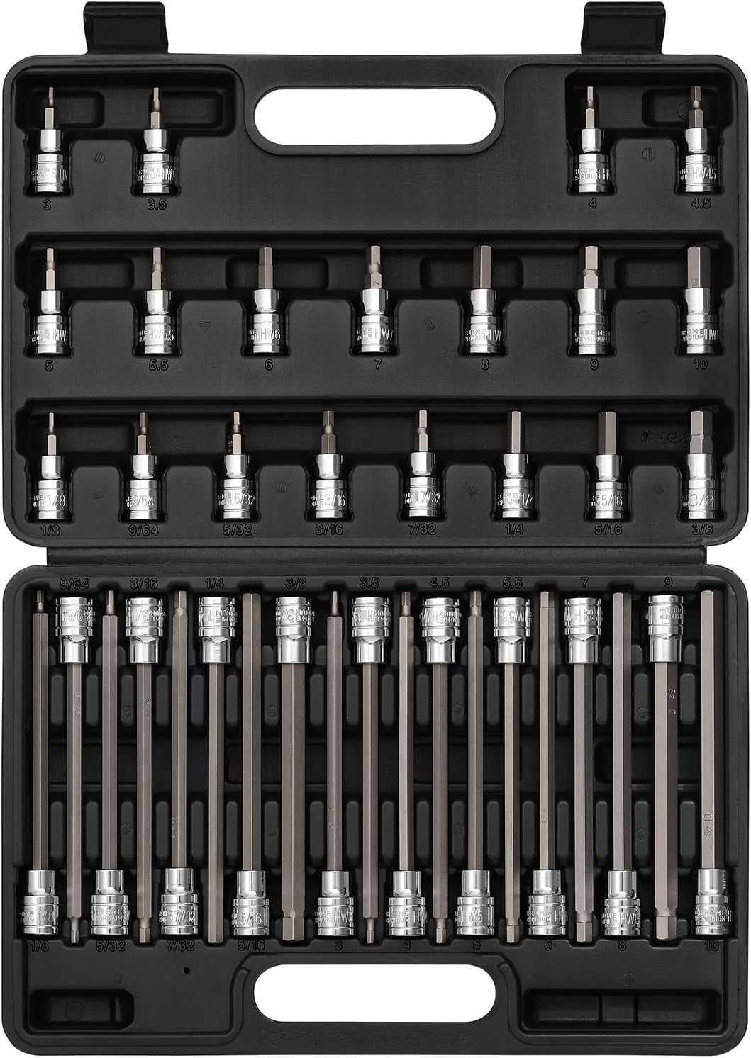 EMENTOL 38PCS 3/8" Drive Hex Bit Socket Set, CR-V, S2 Steel, SAE/Metric, Extra Long and Standard Allen Hex Bit Socket Set, 1/8 Inch - 3/8 Inch, 3mm - 10mm
