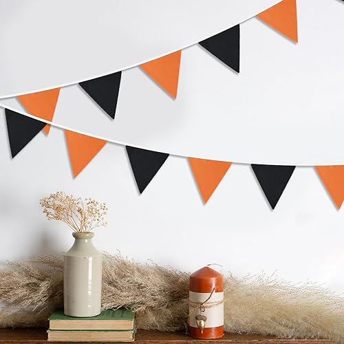 Miniatura 5 de G2PLUS Cadena de pancarta para decoración de fiestas, bandera triangular naranja y negra de 39 pies, guirnalda de banderines de algodón, banderas