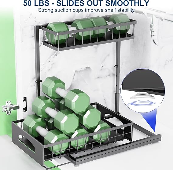 Under Sink Organizer, Height adjustable Under Sink Storage, Pull Out Cabinet Storage Shelves, Slide Out Drawer for Kitchen Bathroom Pantry USO002