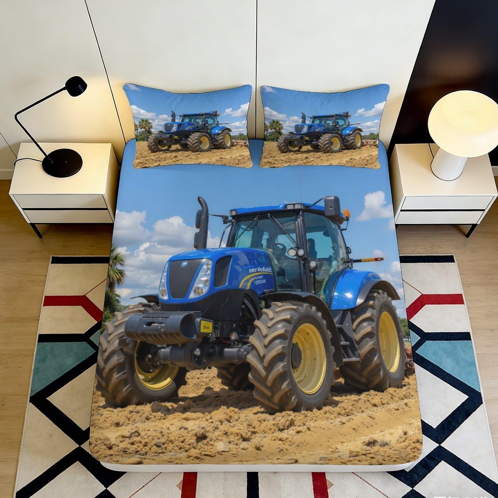 3D Printed Blue Tractor Fitted Sheet Microfiber Soft Durable Farm Scene Bed Cover for Bedroom Dorm Guest Room Decor 90x200x25cm