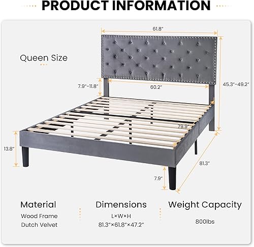 Miniatura 58 de SHA CERLIN Base de cama de terciopelo tamaño Queen con cabecera ajustable, botón de diamante y decoración de remaches, no necesita somier, color