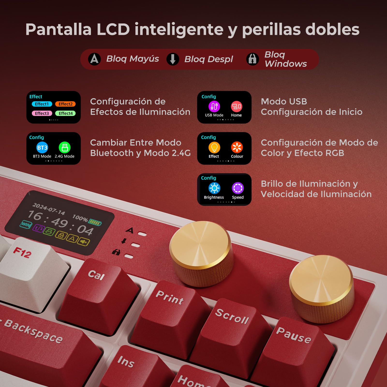 RK M87 Teclado US 75% Gasket BT/2.4G/USB-C Pantalla Dual Knob RGB Hot-Swap