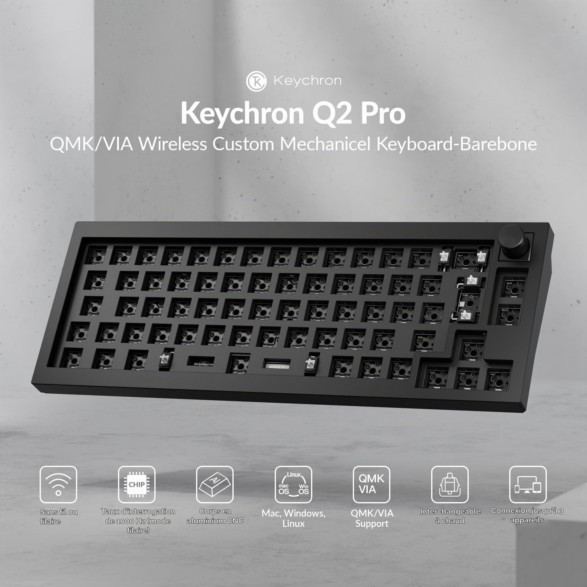 Keychron Q2 Pro Kit de Clavier Mécanique 65% ISO Layout, USB-C/Bluetooth, Programmable QMK/Via, Corps en Aluminium, Kit Barebone Gaming à Monter Soi-même pour Switches 3/5 Broches, Win/Mac-Noir