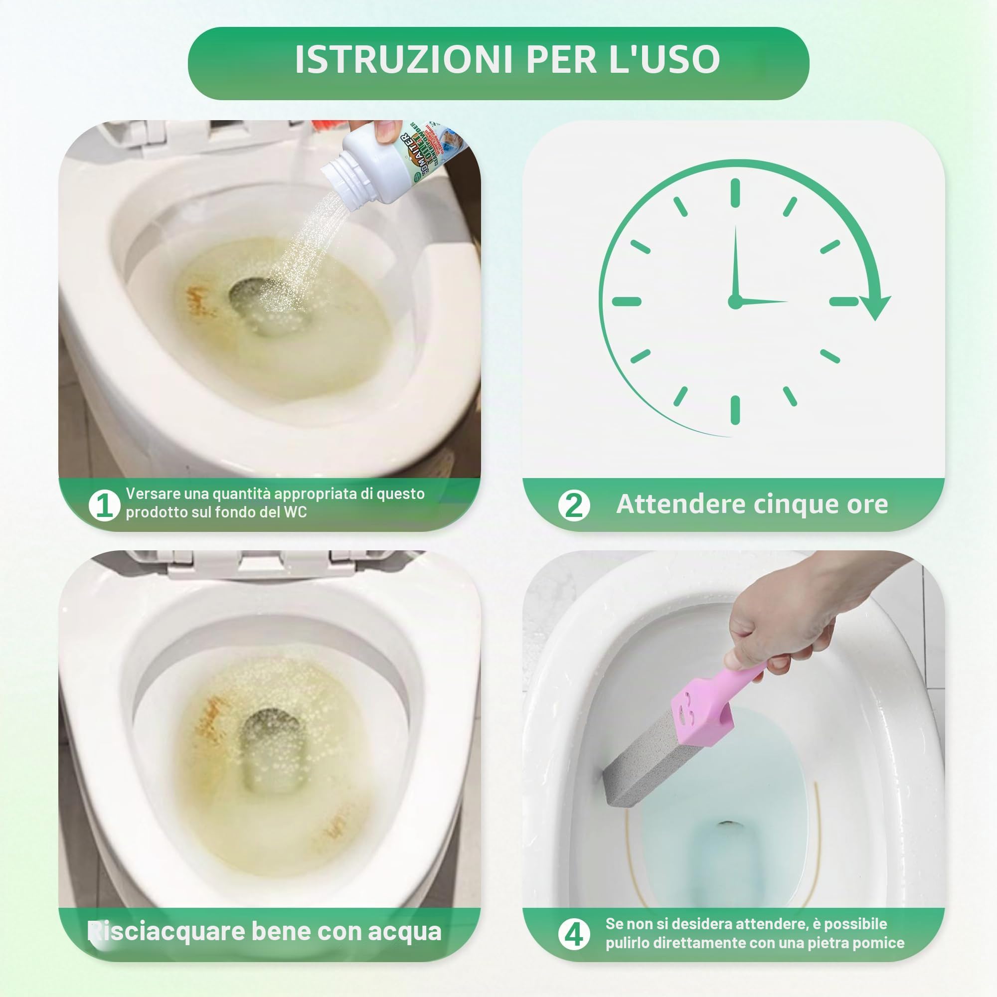 Pietra pomice per la pulizia del water, detergente per WC, rimozione di calcare, depositi di calcare e ruggine adatto per la pulizia della toilette (1 powder+2 Pumice)