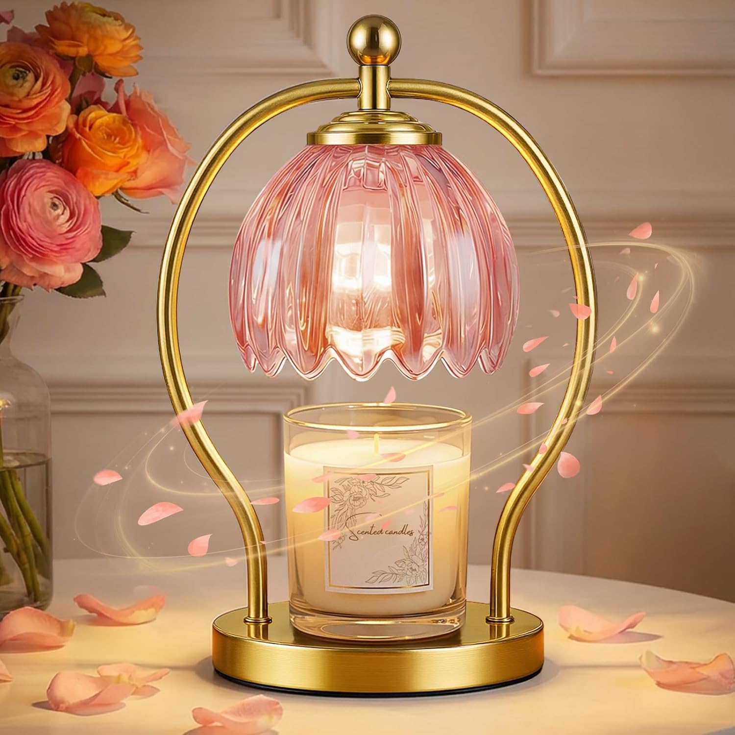 Candle Warmer Lamp, Dimmable Candle Warmer with Timer, Vintage Candles Wax Warmers for Jar Candles Christmas Birthday Gifts for Women Mom, New Home Decor for Bedroom Living Room, Gold Pink