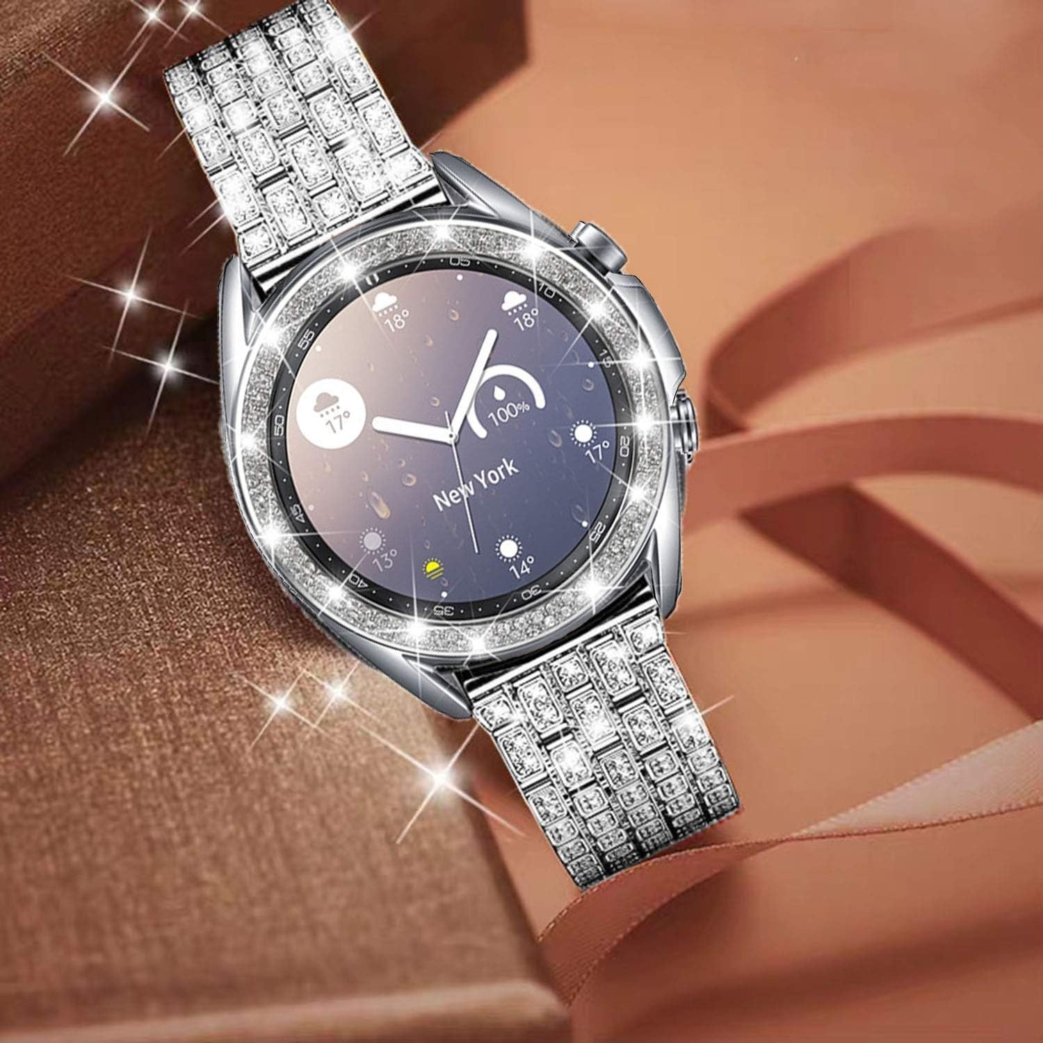Bands Compatible with Samsung Galaxy Watch 3 (45mm), 22mm Full Rhinestone Diamond Stainless Metal Strap with Bezel Ring Cover Replacement for Women Men (Silver) - Image 4