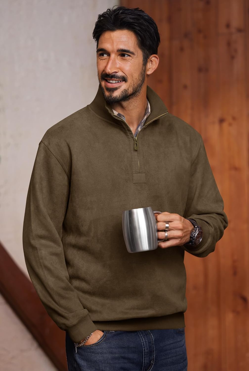 Mens Western Quarter Zip Pullover Midweight Mock Neck Suede Fabric Casual Sweatshirts (S-XXL) - Image 4