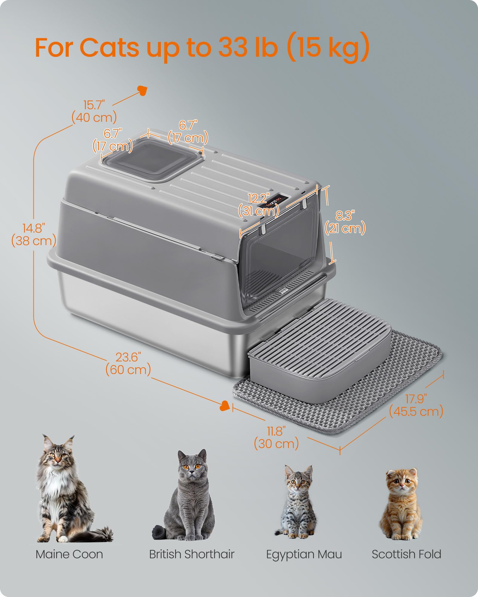 Feandrea Stainless Steel Cat Litter Box with Flip Lid, Litter Catcher Mat and Box, 2 Doors, Scoop, for Cats up to 33 lb, Dove Gray UPPT007GN01 - image 6