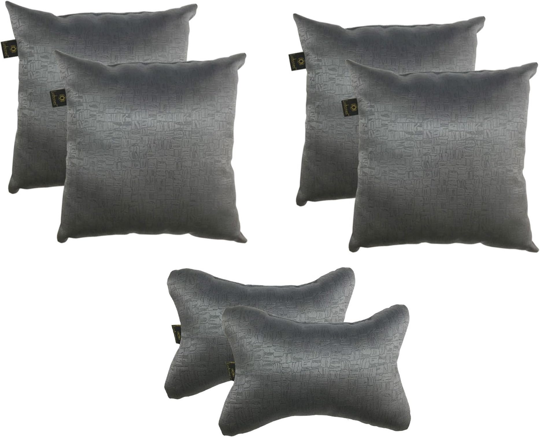 Lushomes car Pillows and Cushions, Textured car Pillow, Pillows for car, car Pillow Set of 6, car Cushion Set(4 pc Cushions-12 x 12 inches & 2 pcs Neck Rest Pillow 6x10 inches) (Dark Grey)