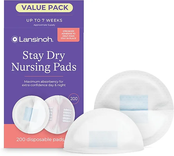 Lansinoh Stay Dry Disposable Nursing Pads, Soft and Super Absorbent Breast Pads, Breastfeeding Essentials for Moms, 200 Count