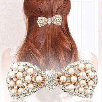 BeeSpring 1Pcs Korean Style Crystal Rhinestone Hair Barrettes Butterfly Pearls Hair Clips Pins for Women (Gold)
