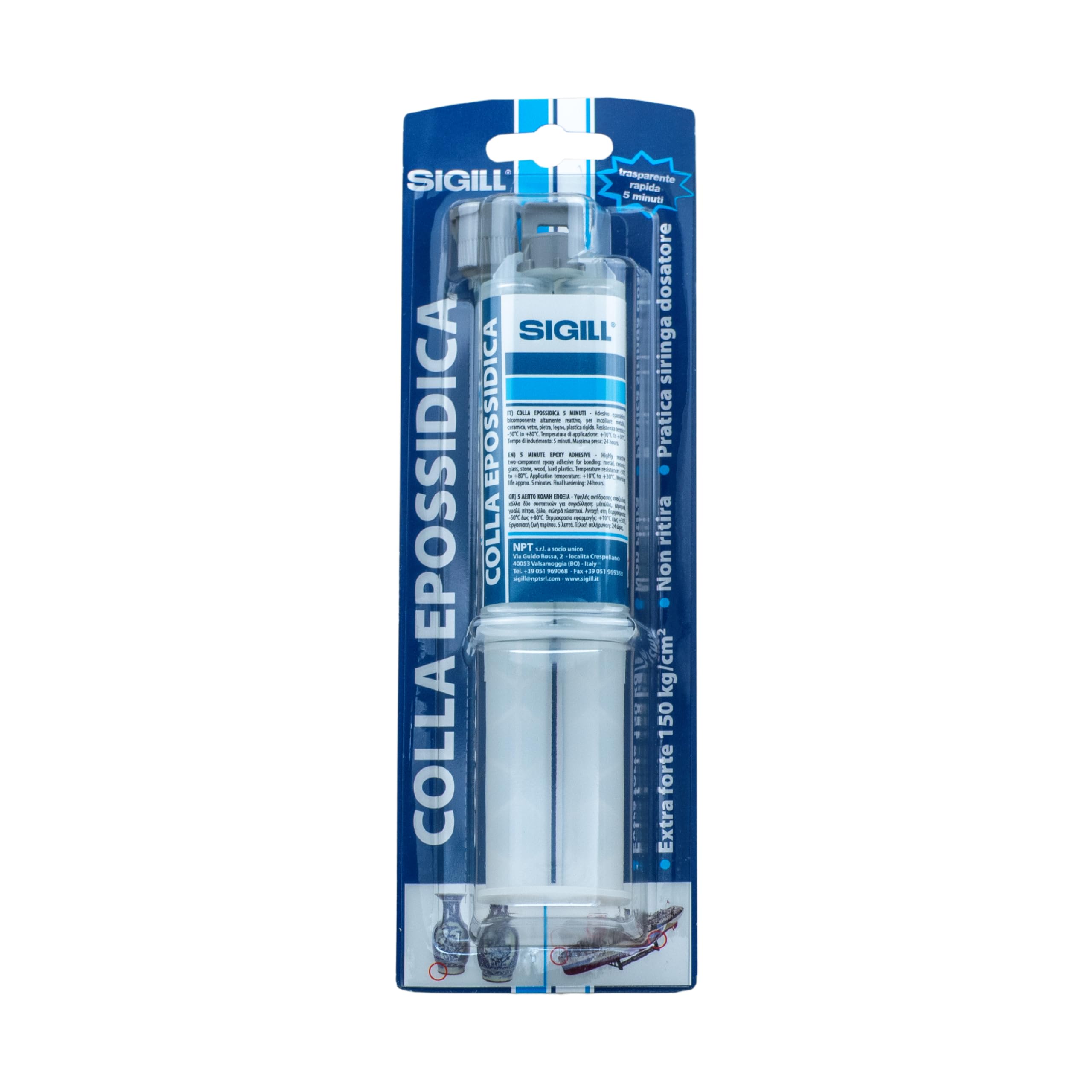 SIGILL, Colla Epossidica, Adesivo Epossidico Bicomponente (A+B) Super Resistente fino a -40°C e +80°C, Resistente ad Acqua e Agenti Chimici, Trasparente e Rapido, Siringa da 25 ml (A+B)