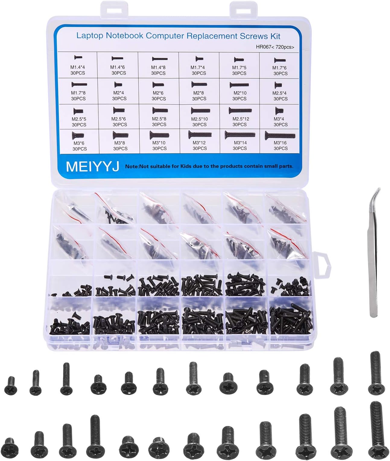 720pcs Laptop Notebook Screws Set,Replacement Computer Screws Kit,M1.4,M1.7,M2,M2.5,M3 countersunk Flat Head Phillips Mini Screw Set for Electronic Repair.