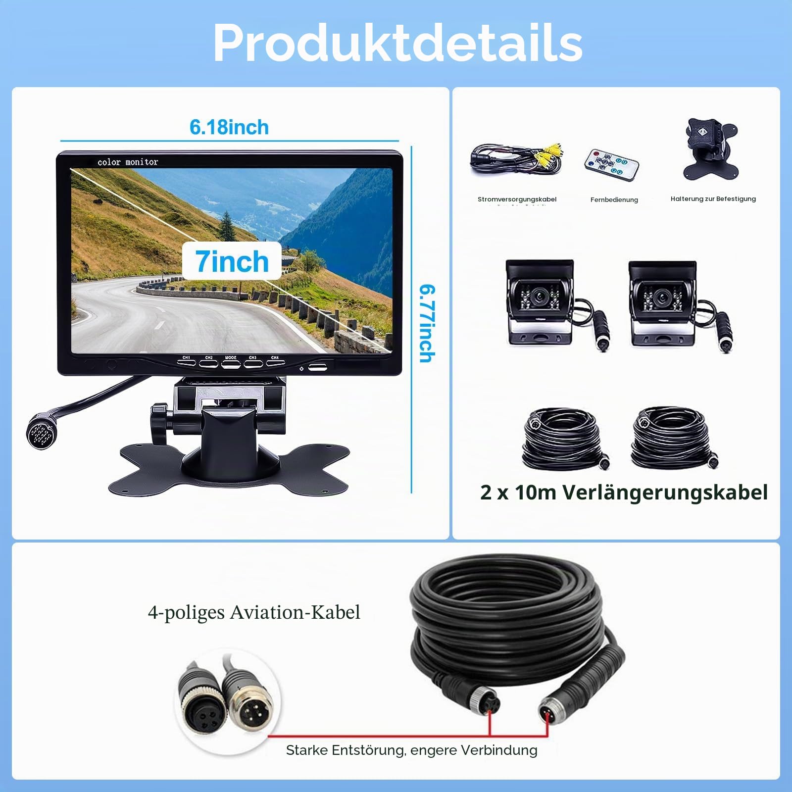 Camecho Dual Backup Kamera 4 Split Monitor hinten Kamera Auto 18 IR-Nachtsicht wasserdicht Aviation 4 Pins Anschluss 33 ft Kabel Für LKW/Wohnmobil-/Trailer/Bus