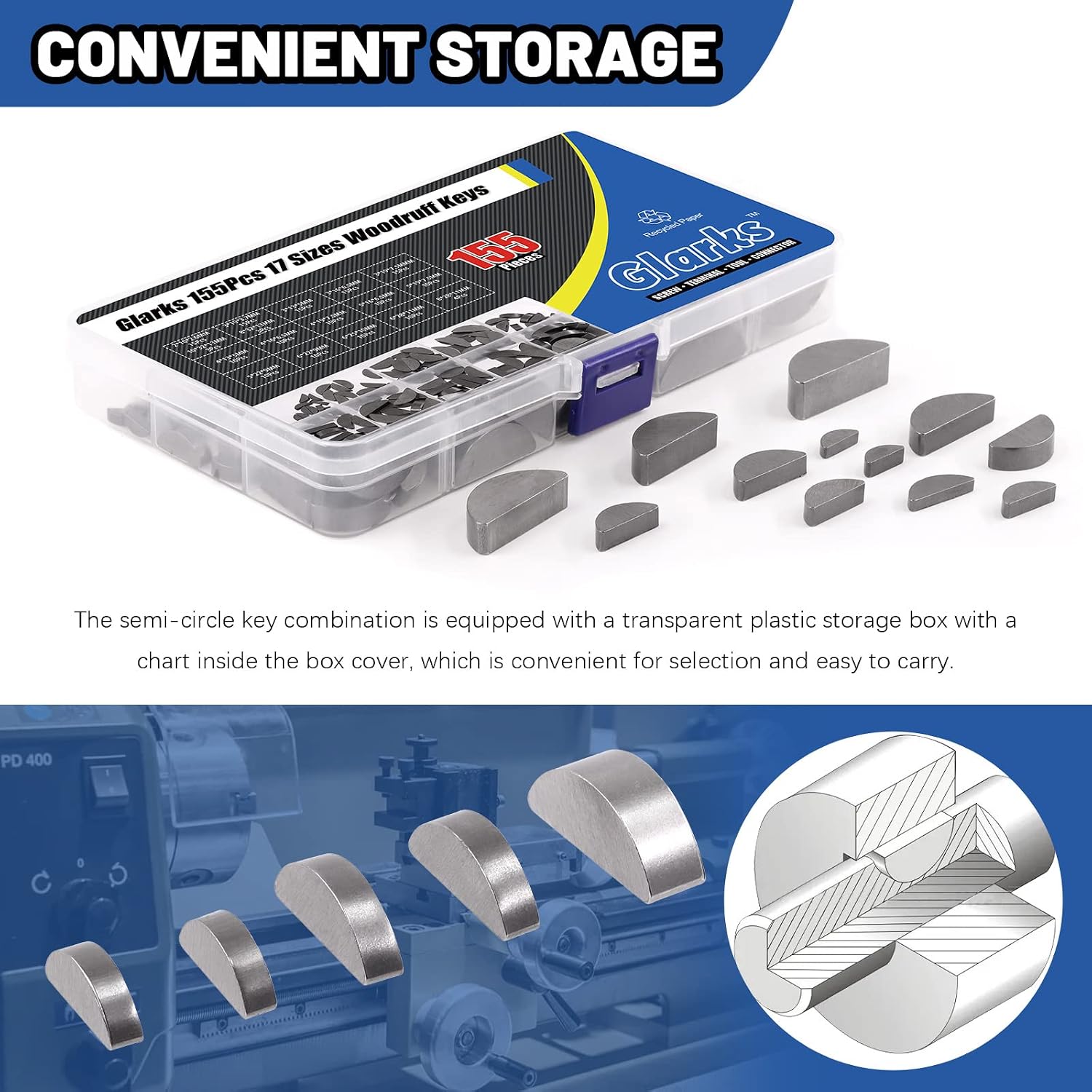 Glarks 155Pcs 17 Sizes Woodruff Keys Assortment Kit Carbon Steel Woodruff-key Semi-Circular Keys Metric Set for Fasteners Mechanical Industry