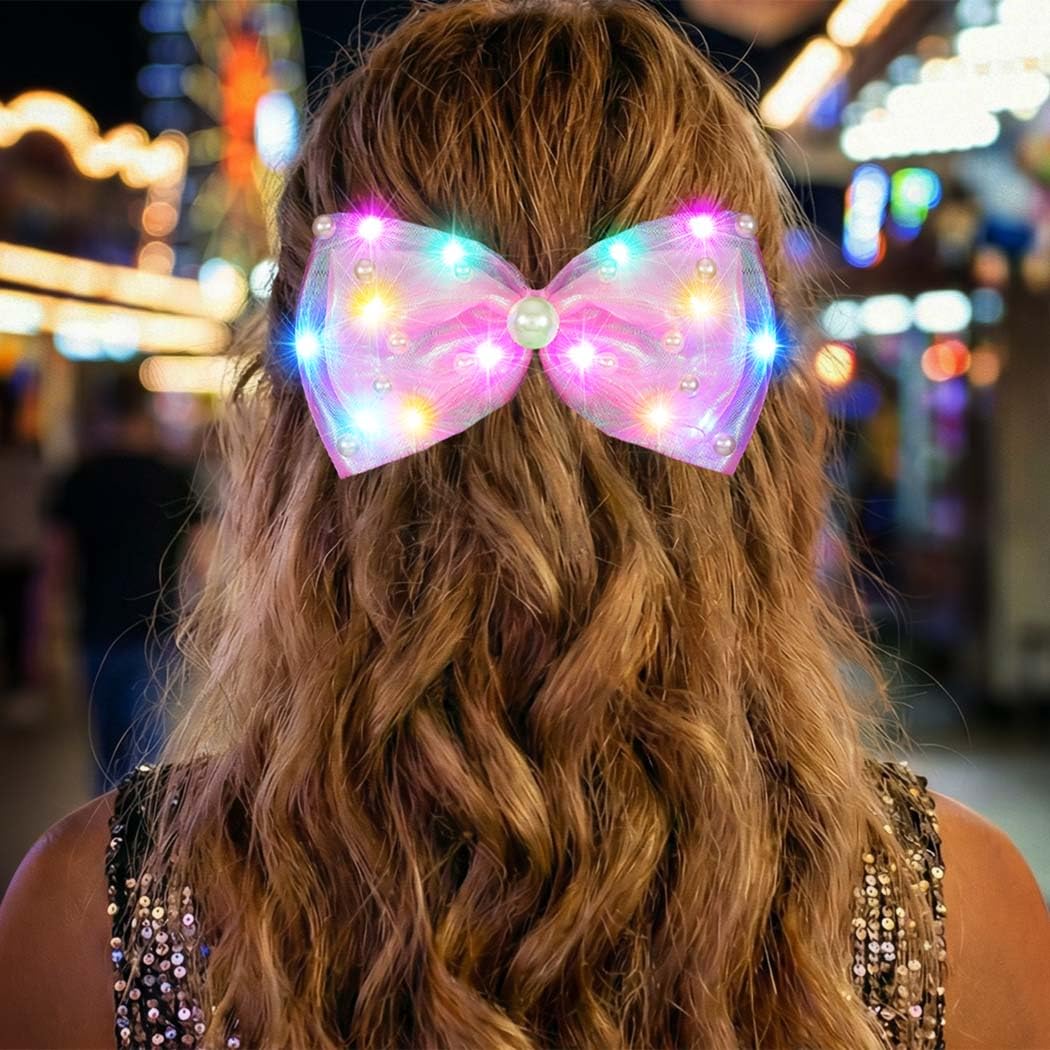 HEREAD Pearl Hair Bow Light Up Bow Knot Hair Clip Barrette Wedding Party LED Hair Accessories for Women (Pink)