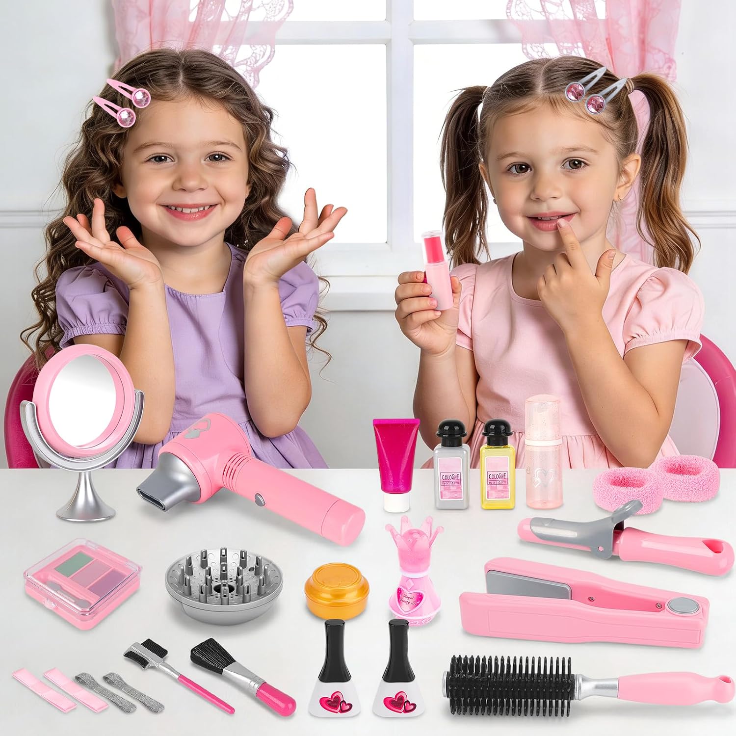 deAO Hair Salon Toys for Girls Beauty Salon Set Kids Pretend Hair Styling Set with Hairdryer, Mirror, Curling Iron and Stylist Accessories for Toddler Makeup Party Christmas (Fake Makeup)