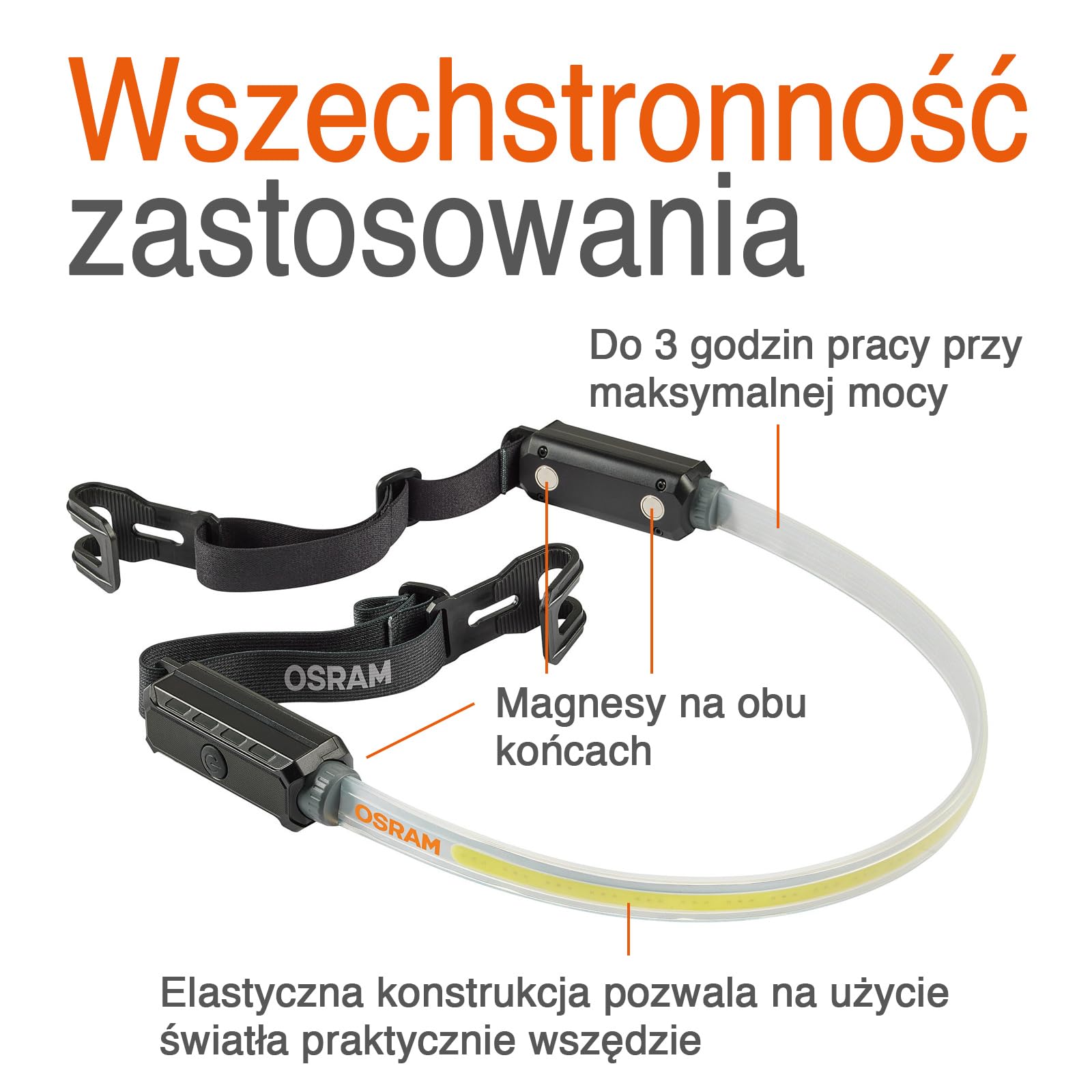 OSRAM LEDInspect FLEXIBLE INSPECTION LIGHT, akumulatorowa lampa inspekcyjna LED, 6000K, jasność do 1000 lm, zdejmowane paski elastyczne