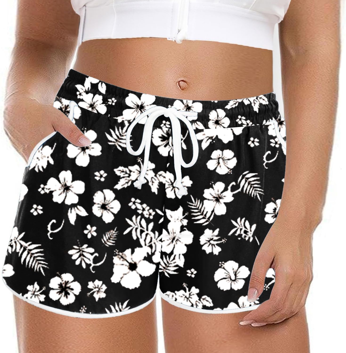 ForHailey Women Plus Size Shorts Pants Beach Board Shorts Summer Floral Swim Trunks Drawstring Elastic Waist Casual Shorts with Pockets Black Floral 4X-Large