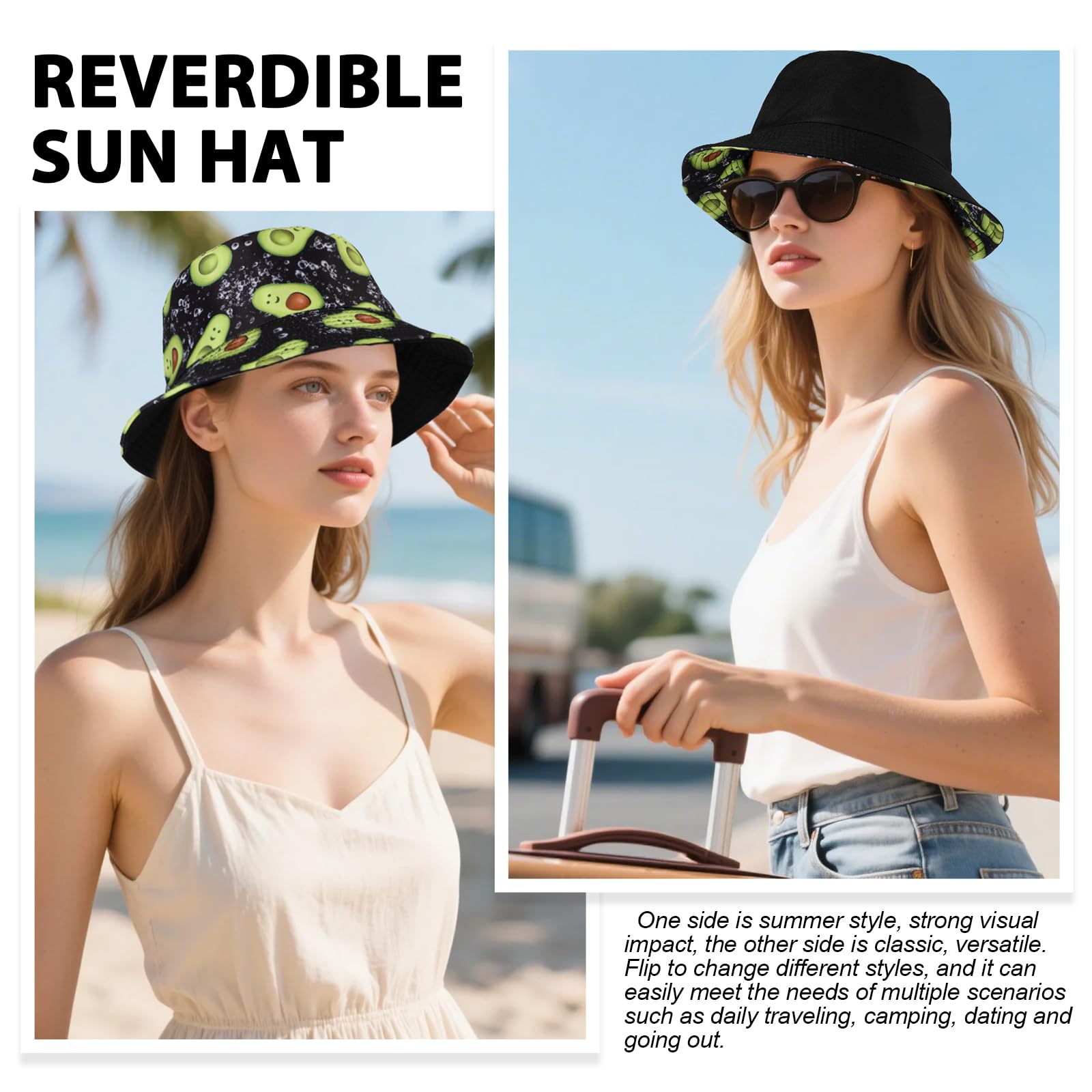 Mujer Sombrero de Pescador Reversible Algodón Bucket Hat, Protección UV Frutas Impresión Vacaciones Sombrero de Sol Ligera Gorra de Pesca, Plegable Verano Gorros de Playa para Viaje Fiesta