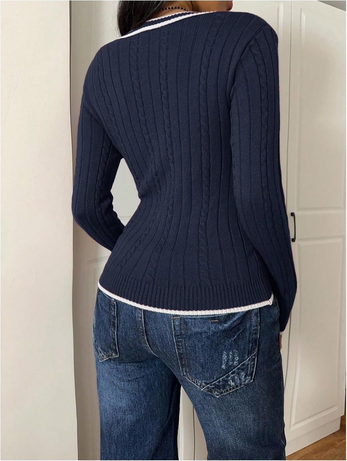 SOLY HUX Women's V Neck Sweater Cable Knit Long Sleeve Slim Fit Pullover Jumper Tops Fall Clothes - Image 3