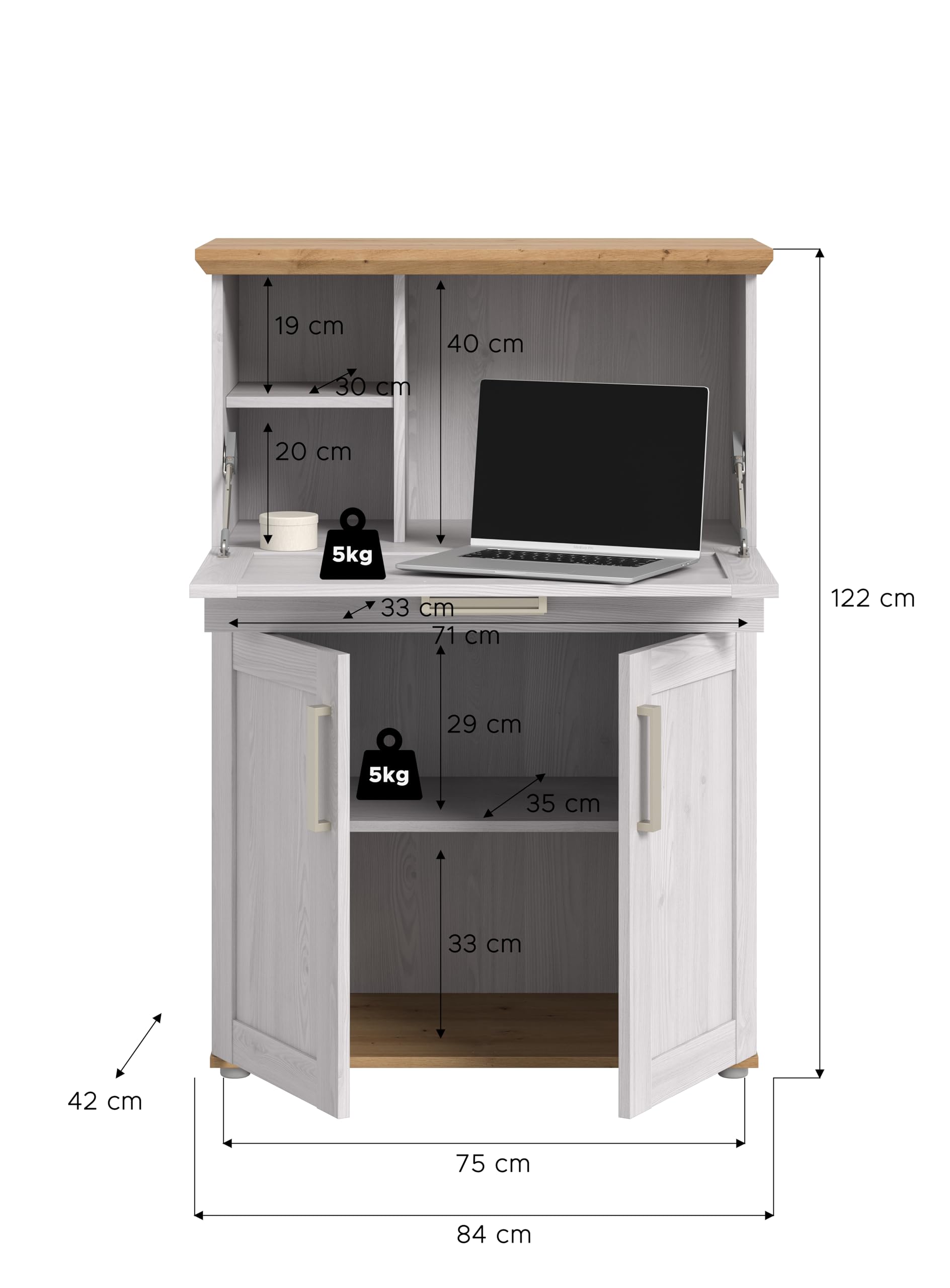 xonox.home – Sekretär Verona 84x122x42 cm in Sibiu Lärche & Artisan Eiche Nachbildung – Kompakter Arbeitsplatz mit 1 Klappe & 2 Türen – 5 Fächer bieten idealen Stauraum für Schreibutensilien & Post