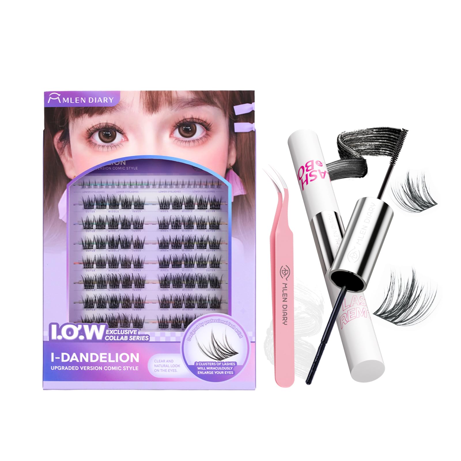 Mlen Diary Lashes Clusters, 94pcs 10-12mm False Lashes With Lash Bond and Seal Remover, Tweezers