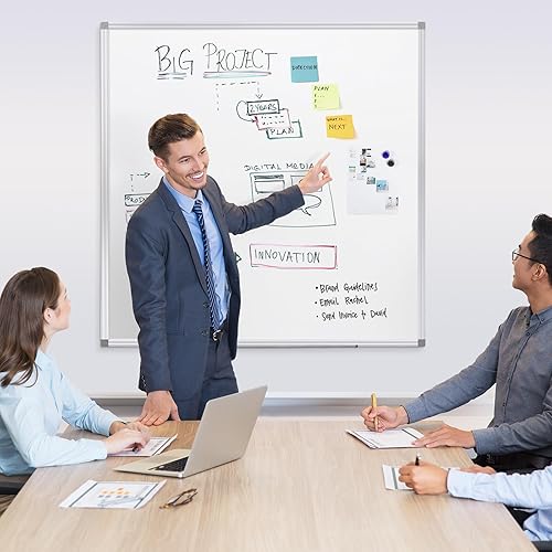Miniatura 6 de SWANCROWN Pizarra blanca magnética de borrado en seco de 48 x 48 pulgadas, pizarra blanca grande para pared, marco de aluminio plateado, pizarra