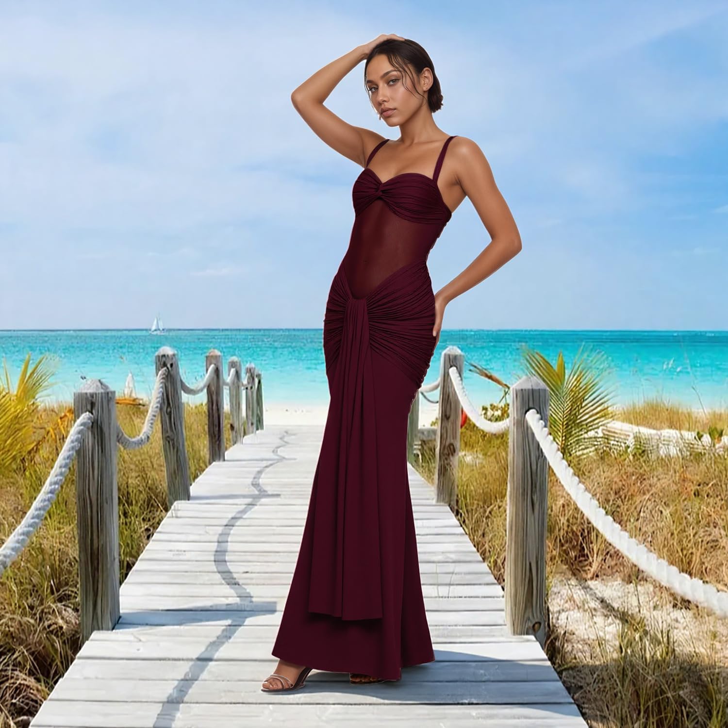 Ruched Maxi Bodycon for Women Halter Neck Sleeveless Fit Sexy Formal Wedding Guest Party Mermaind Everning Dresses