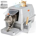 Extra Large Stainless Steel Litter Box with Lid, High Sided Enclosed Metal Cat Litter Pan, Dog Proof Front Entry Top Exit, Odor Control Easy Clean Leak Proof, Includes Scoop & Step, Light Gray