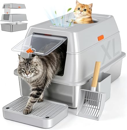 Extra Large Stainless Steel Litter Box with Lid, High Sided