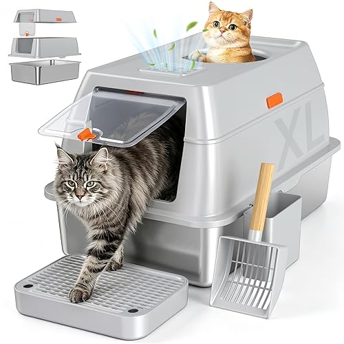 Extra Large Stainless Steel Litter Box with Lid, High Sided