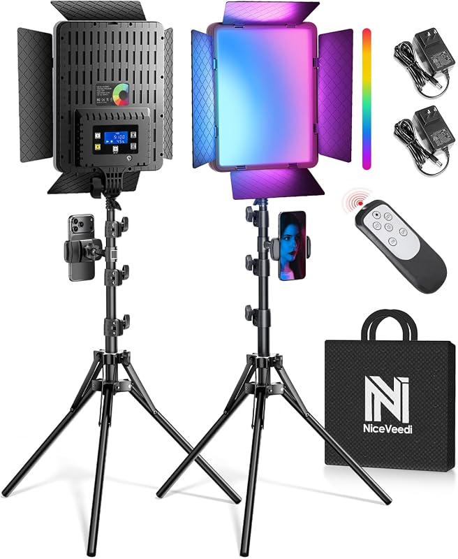 NiceVeedi 2-Pack RGB Photography Lighting with 20 Effects, 40W/360° Full Color/2700-6500K Studio Lights with Remote & Display, Video Light for Video Recording/Photography/Streaming/YouTube/TikTok