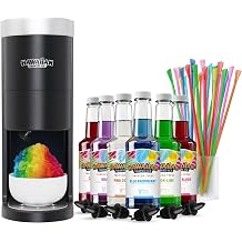 Hawaiian Shaved Ice HomePro Shaved Ice and Snow Cone Machine Kit, 6-16oz. Syrup Flavors Cherry, Grape, Blue Raspberry, Tiger&rsquo;s Blood, Lemon-Lime, Pina Colada, 50 spoon straws, 6 black pour spouts