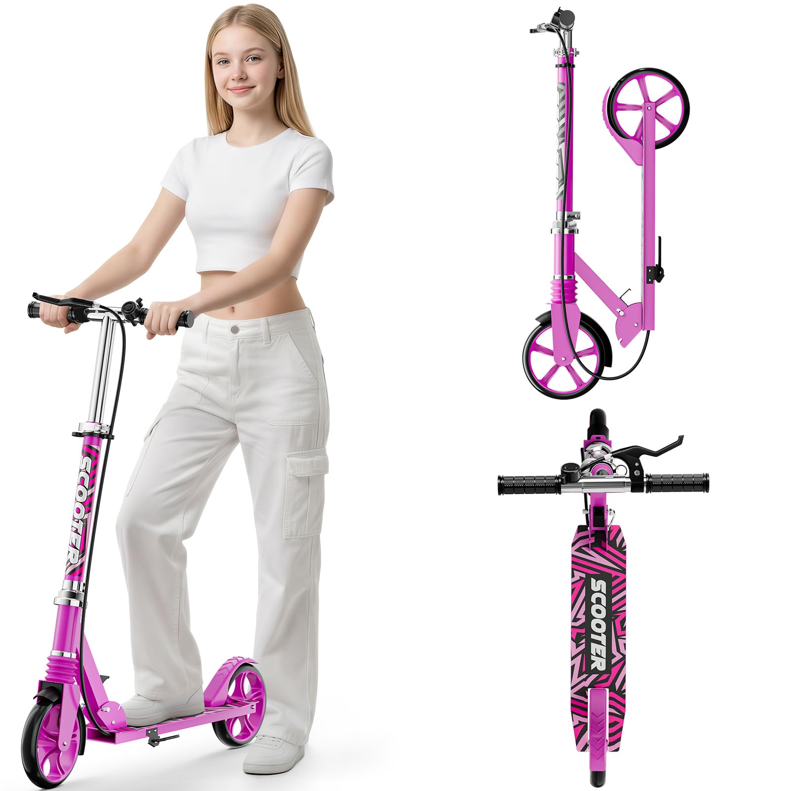 Scooters for Kids 8-12, Teens & Adults - Load 240 LBS, 8-Inch Wheels, Kick Scooter with Shock Absorption System, Hand Brake & Bell, 4 Adjustable Height Levels, Perfect for School, Commuting or Park