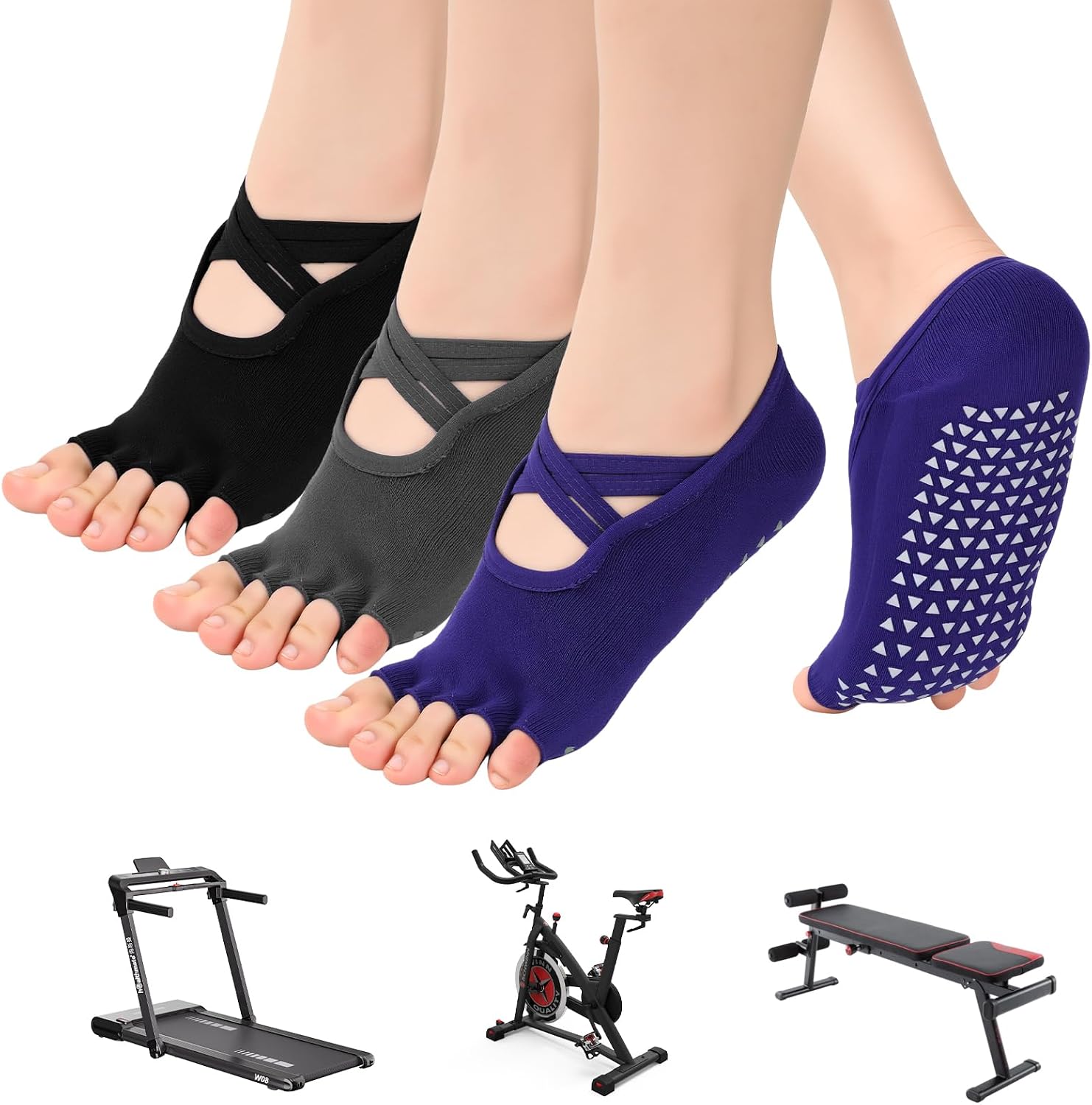 Cozary Women's Toeless Yoga Socks with Straps, Gray Purple Black, 3 Pairs | Open Toe, 5-Toe Design, Non-Slip Grip Sole, For Pilates Barre Ballet Dance