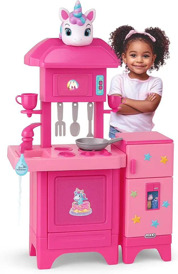 Cozinha Infantil Unicórnio Completa Pia com Água de Verdade e Ensaboador, Forno, Fogão, Geladeira e Acessórios Plástico Rosa - Magic Toys